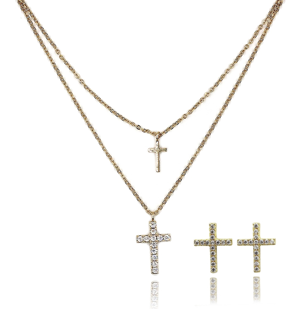 Simple gold mini cross earrings necklace set